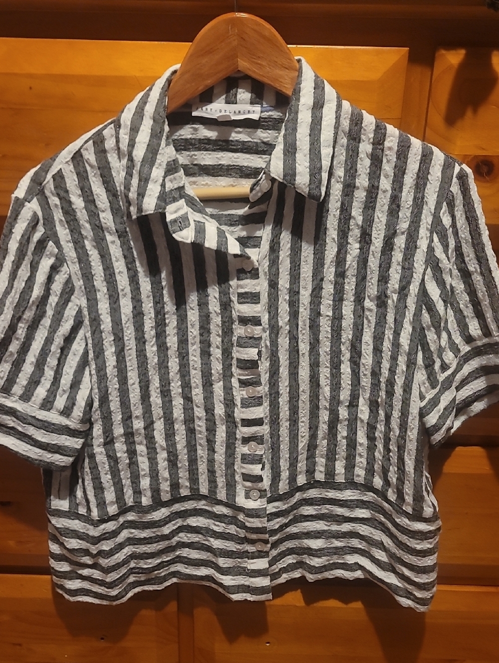Striped Short-Sleeve Button Front Top - Black & White